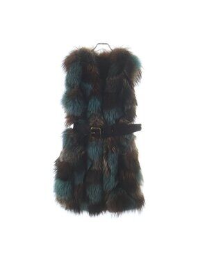Prada Belted Dyed Fur Vest Sleeveless Multicolor Brown Light Blue